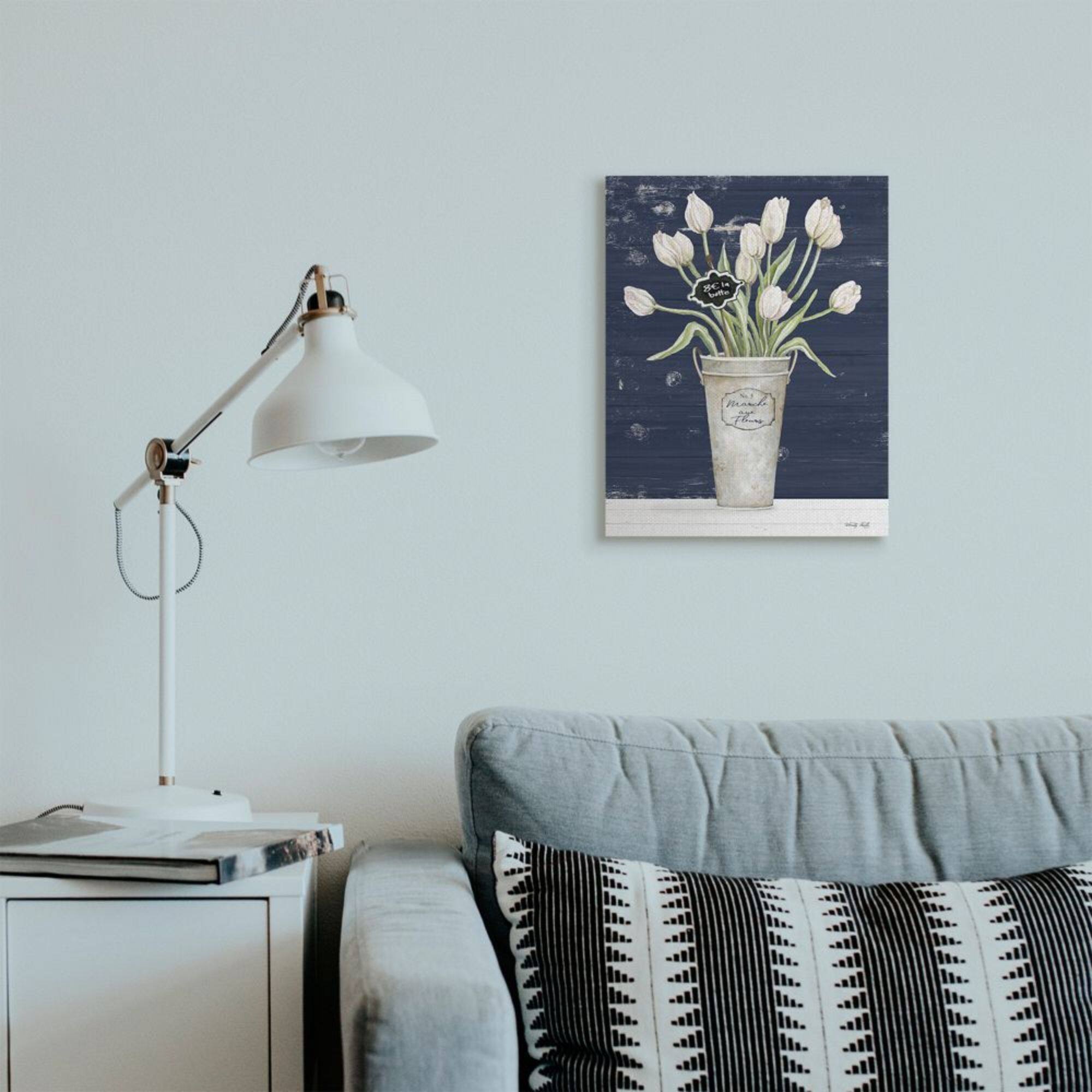 Stupell Industries Charming White Tulip Bouquet over Rustic Blue Canvas Wall Art